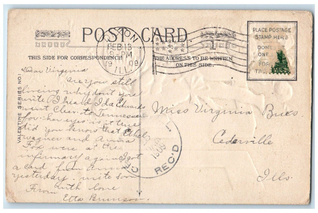 1909 Valentine Cupid Angel Bow Arrow Heart Pansies Flowers Winsch Back Postcard