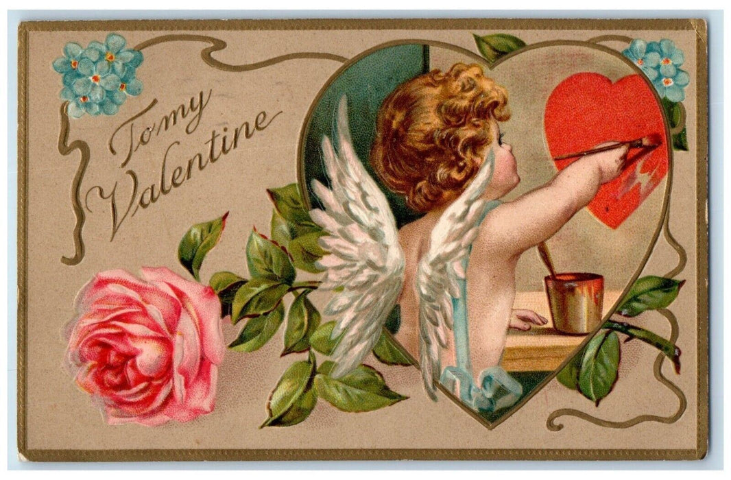 1910 Valentine Cupid Angel Painter Heart Pansies Flowers Dubuque IA Postcard