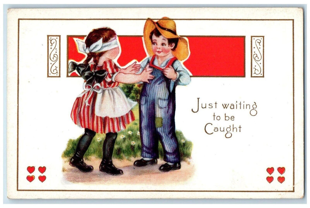 c1910's Valentine Boy Girl Blindfold Playing Hearts Embossed Antique Postcard