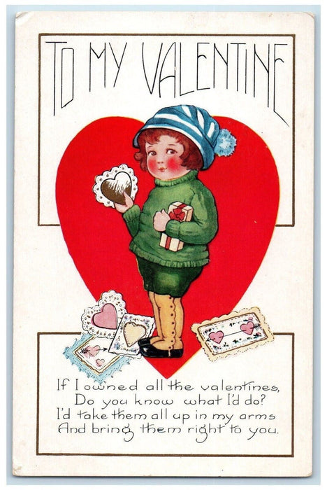 c1910's Valentine Little Girl Big Hearts Gift Embossed Posted Antique Postcard