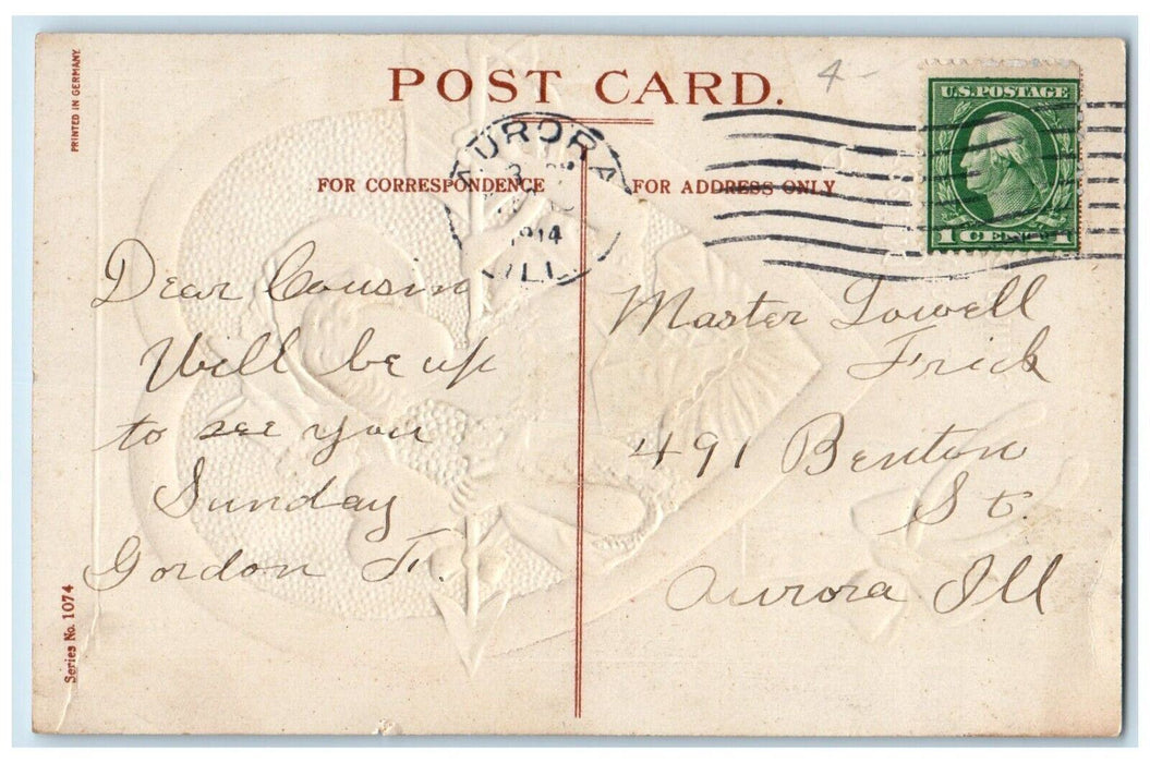 1914 Valentine Greetings Pretty Girl Big Heart Arrow Wishbone Aurora IL Postcard
