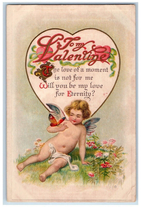 c1910's Valentine Big Heart Angel Cherub Butterfly Flowers Embossed Postcard