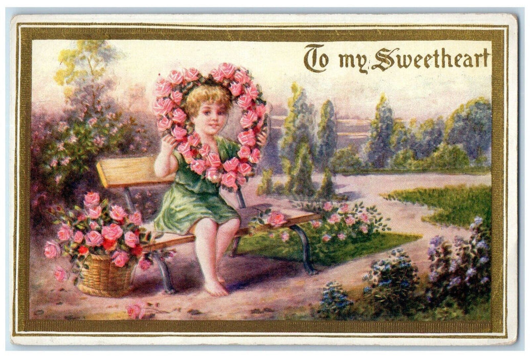 c1910's Valentine Girl Sitting Bench Basket Pink Rose Flowers Embossed Postcard