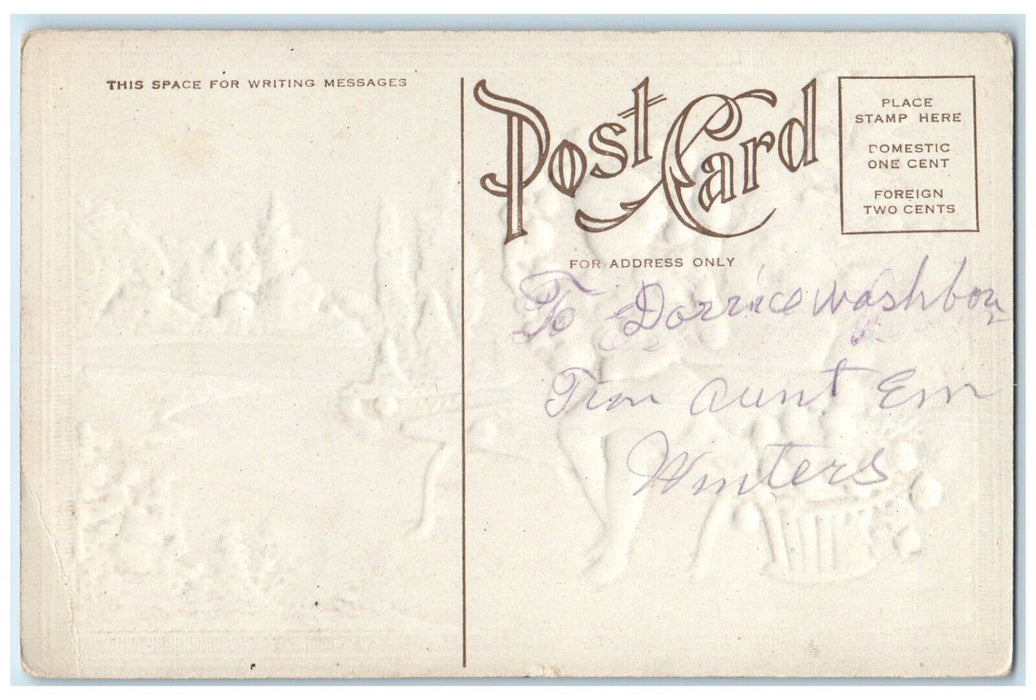 c1910's Valentine Girl Sitting Bench Basket Pink Rose Flowers Embossed Postcard