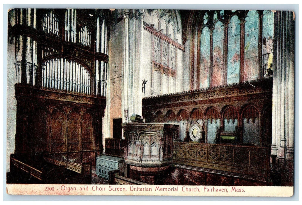 c1910 Organ and Choir Screen Unitarian Memorial Church Fairhaven MA Postcard