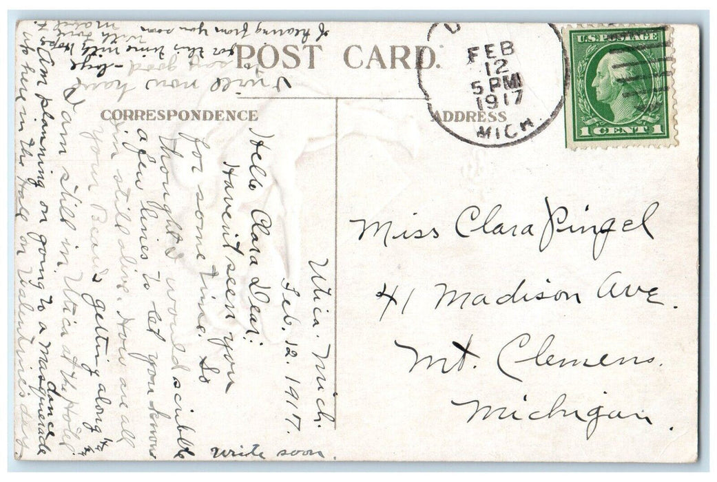 1917 Valentine Angel Bare Butt Gold Heart Embossed Utica Michigan MI Postcard