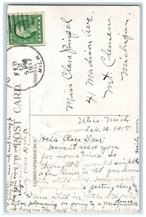 1917 Valentine Angel Bare Butt Gold Heart Embossed Utica Michigan MI Postcard