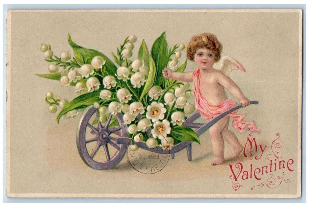 1909 Valentine Angel Pushing Cart With Flowers Embossed Posted Antique Postcard