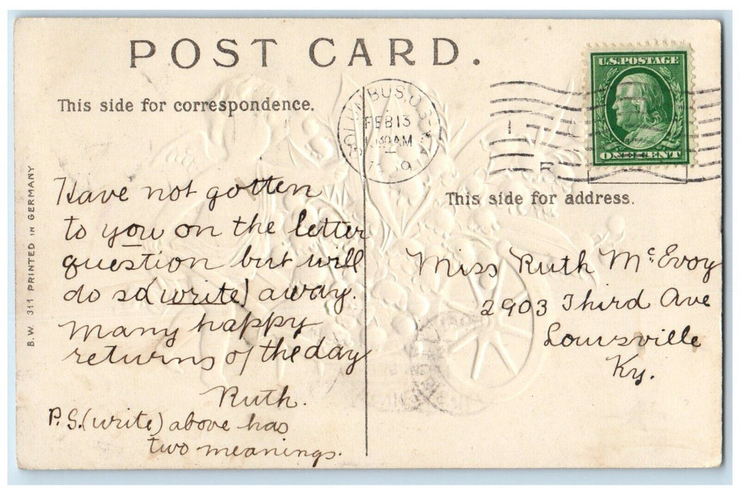 1909 Valentine Angel Pushing Cart With Flowers Embossed Posted Antique Postcard
