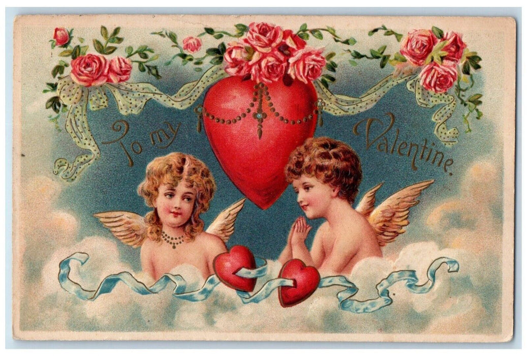 1910 Valentine Angels Big Heart Pink Roses Flowers Solvay NY Antique Postcard