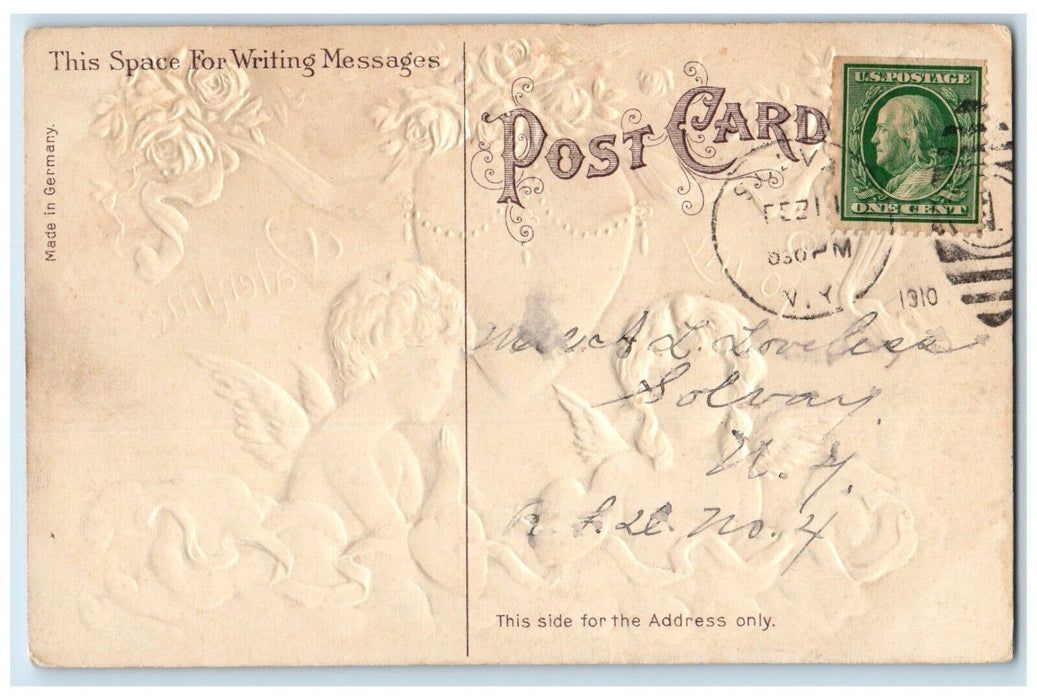 1910 Valentine Angels Big Heart Pink Roses Flowers Solvay NY Antique Postcard