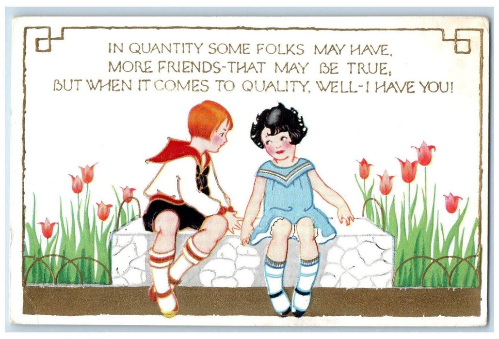 c1910's Valentine Girl And Boy Talking Tulip Flowers Embossed Antique Postcard