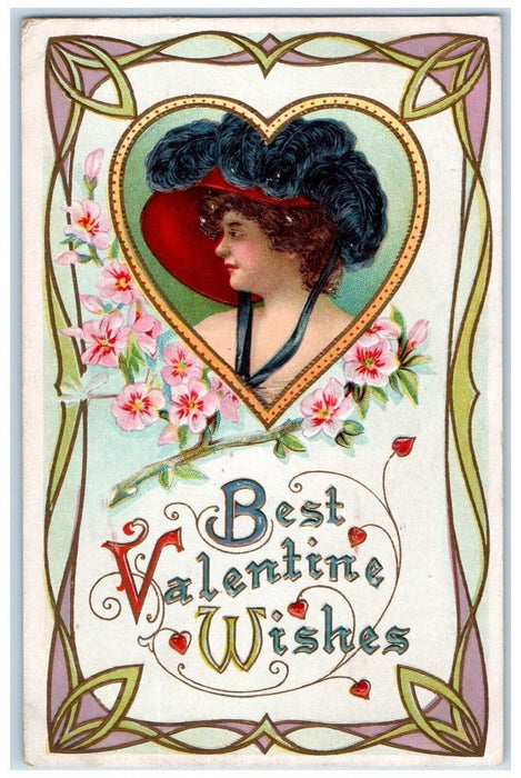 Valentine Pretty Girl Hat Feather Heart Flowers Embossed Chicago IL Postcard