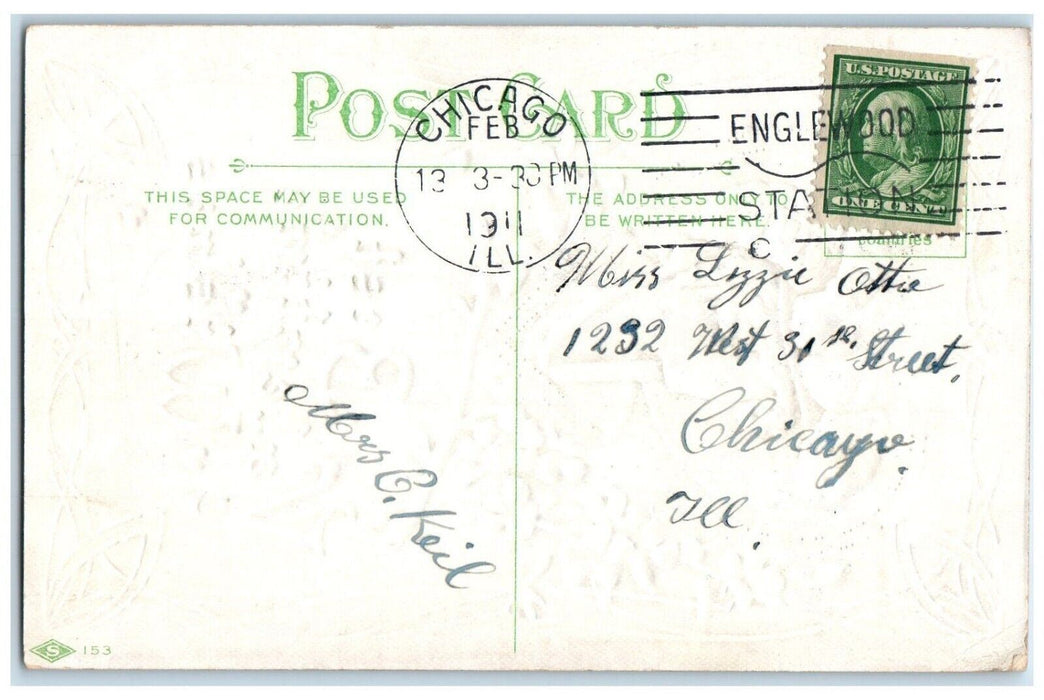 Valentine Pretty Girl Hat Feather Heart Flowers Embossed Chicago IL Postcard