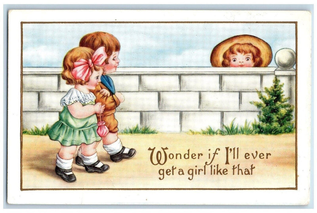 1915 Valentine Sweet Boy Girl Walking Stalker Embossed Posted Antique Postcard