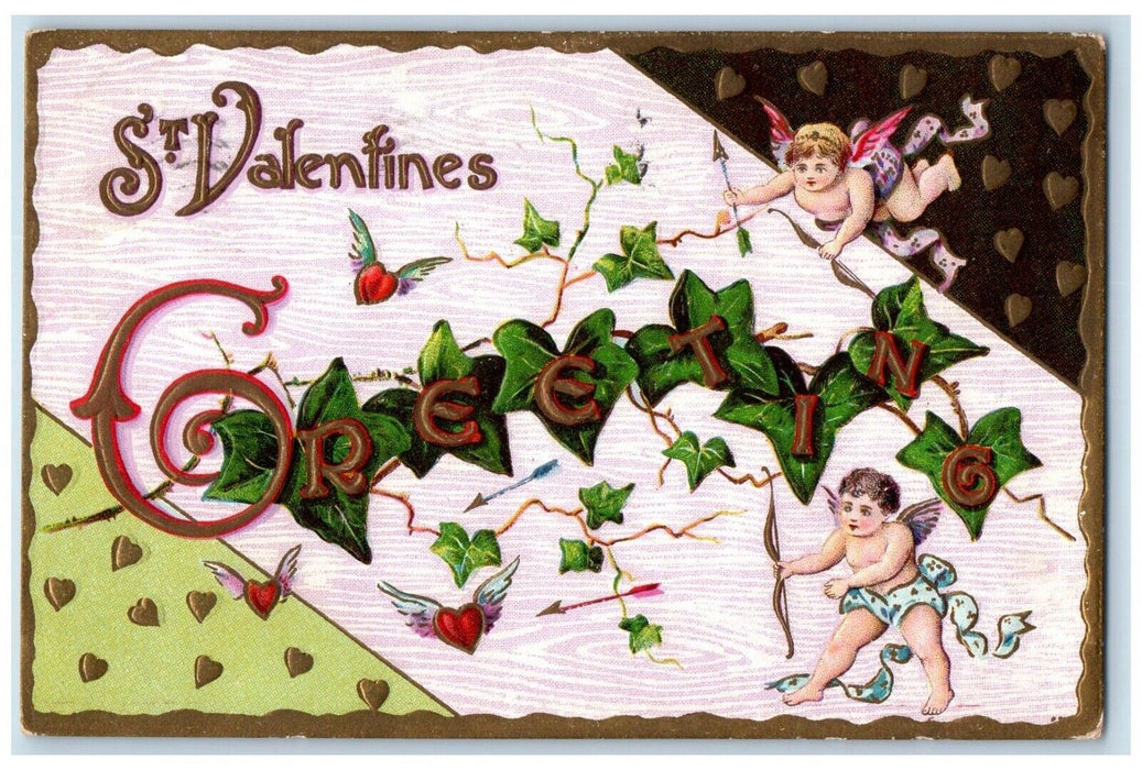 c1910's Valentine Greetings Cupid Angel Bow And Arrow Heart Wings Postcard