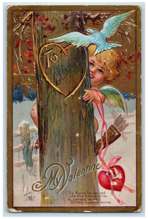1910 Valentine Cupid Angel Hiding Arrow Bird Hearts Aurora IL Embossed Postcard