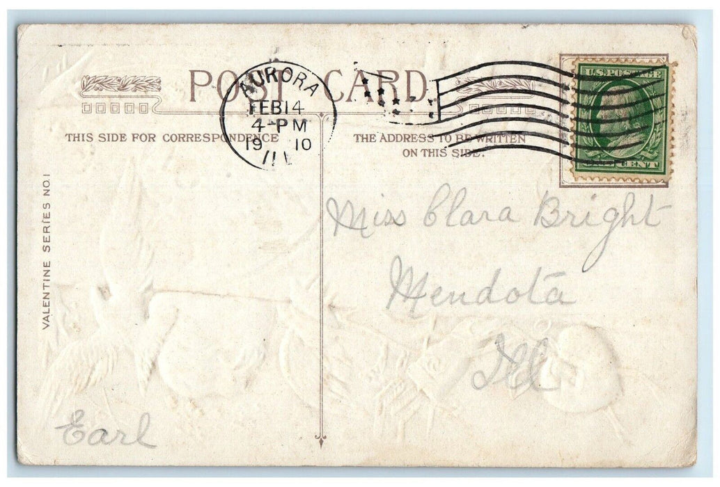 1910 Valentine Cupid Angel Hiding Arrow Bird Hearts Aurora IL Embossed Postcard