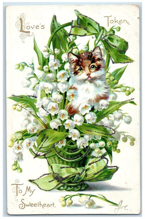 1907 Valentine Cute Cat Kitten White Flowers Basket Embossed Tuck's Postcard