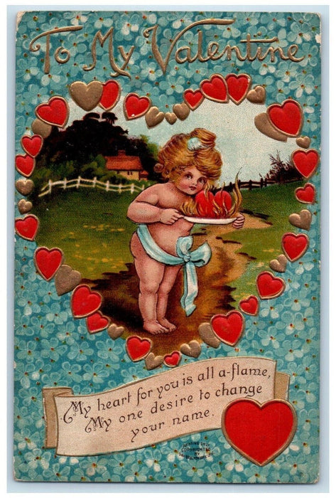 1912 Valentine Little Girl Bare Butt Hearts Pansies Flowers Embossed Postcard