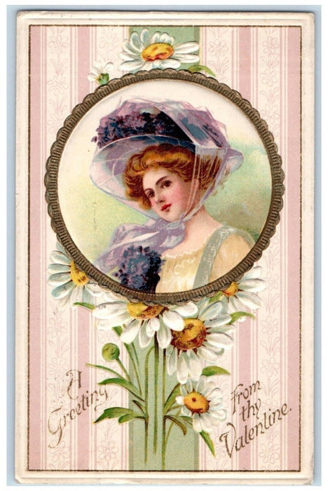 1910 Valentine Greeting Pretty Girl Pansies White Flowers Clapsaddle Postcard