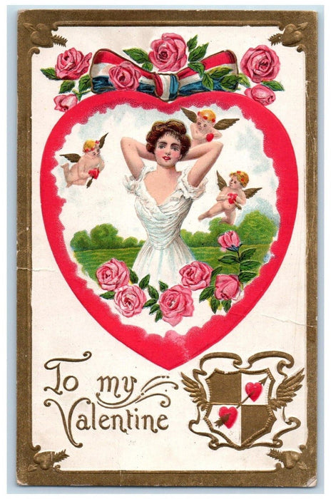 c1910's Valentine Girl Dress White Cupid Angel Hearts Embossed Antique Postcard