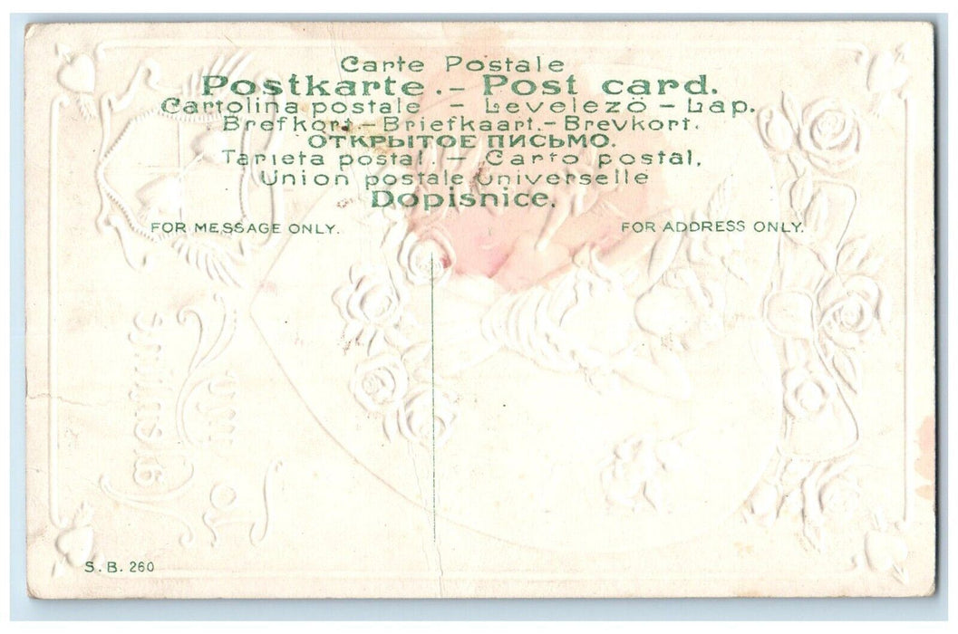 c1910's Valentine Girl Dress White Cupid Angel Hearts Embossed Antique Postcard