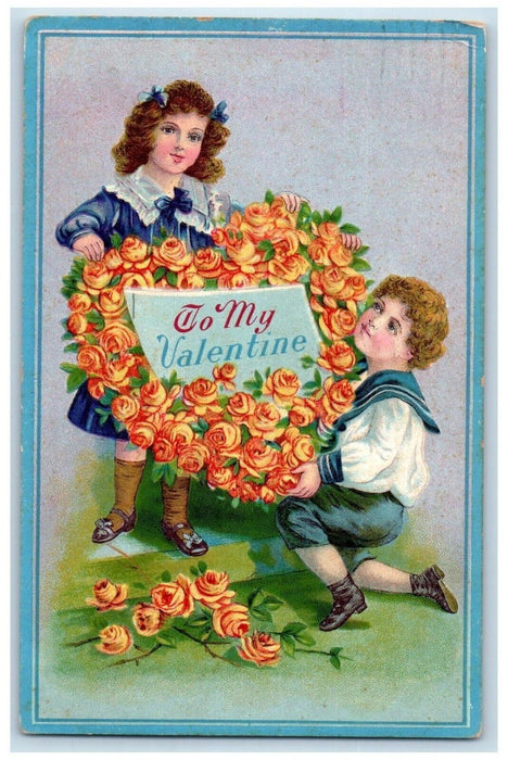 c1910's Valentine Girl Boy Heart Flowers Present Embossed Waterbury CT Postcard
