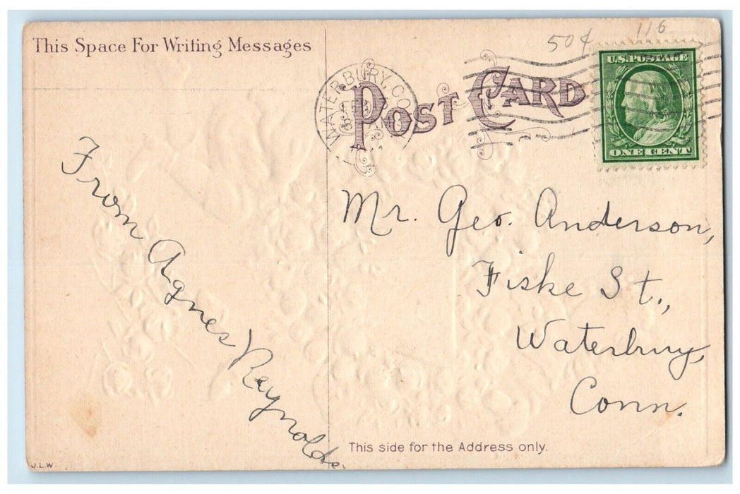 c1910's Valentine Girl Boy Heart Flowers Present Embossed Waterbury CT Postcard