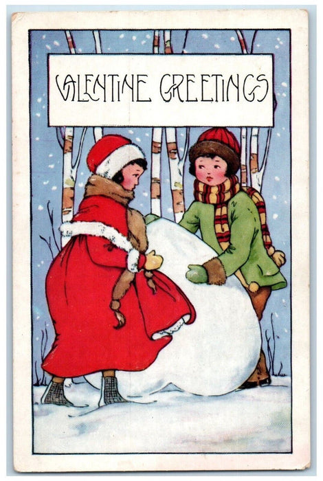 Valentine Greetings Girls Big Heart Snow Winter Snowfall Antique Postcard