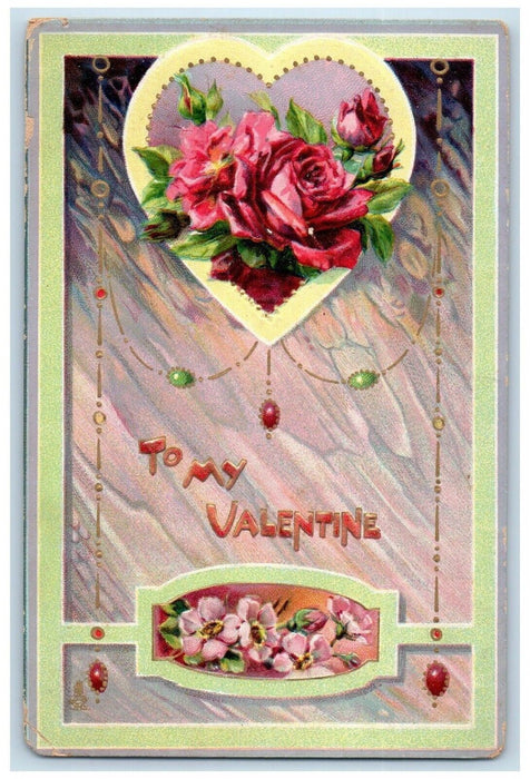 c1910's Valentine Heart Pink Rose Flowers Embossed Antique Tuck's Postcard