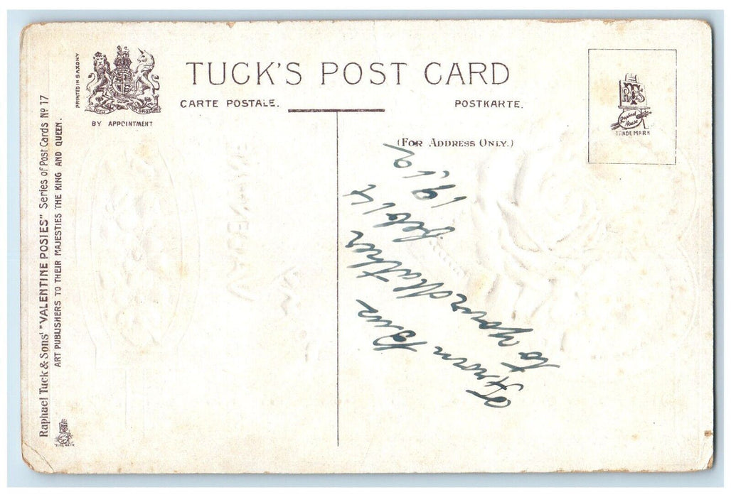 c1910's Valentine Heart Pink Rose Flowers Embossed Antique Tuck's Postcard