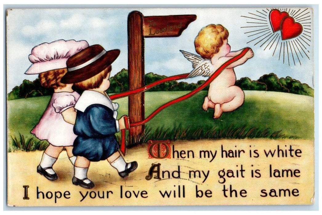 1914 Valentine Qoutes Children Cached Angel Cherub Hearts Chicago IL Postcard