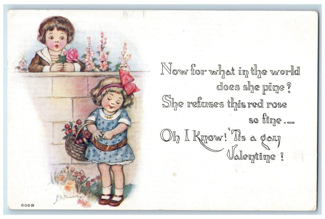 c1910's Valentine Boy Girl Basket Of Flowers Artist Signed Antique Postcard