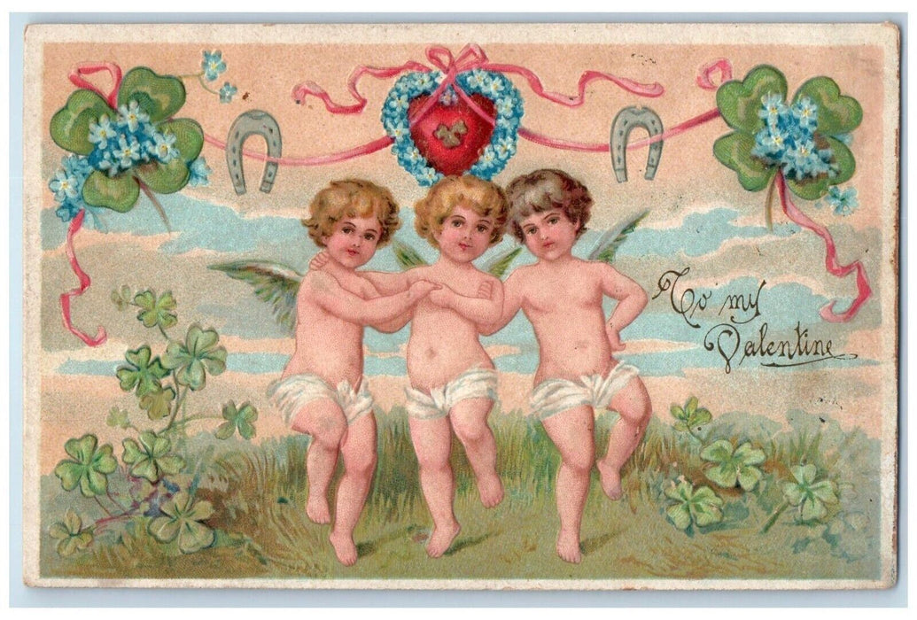 c1910's Valentine Cupid Angel Heart Horsehoe Shamrocks Embossed Antique Postcard