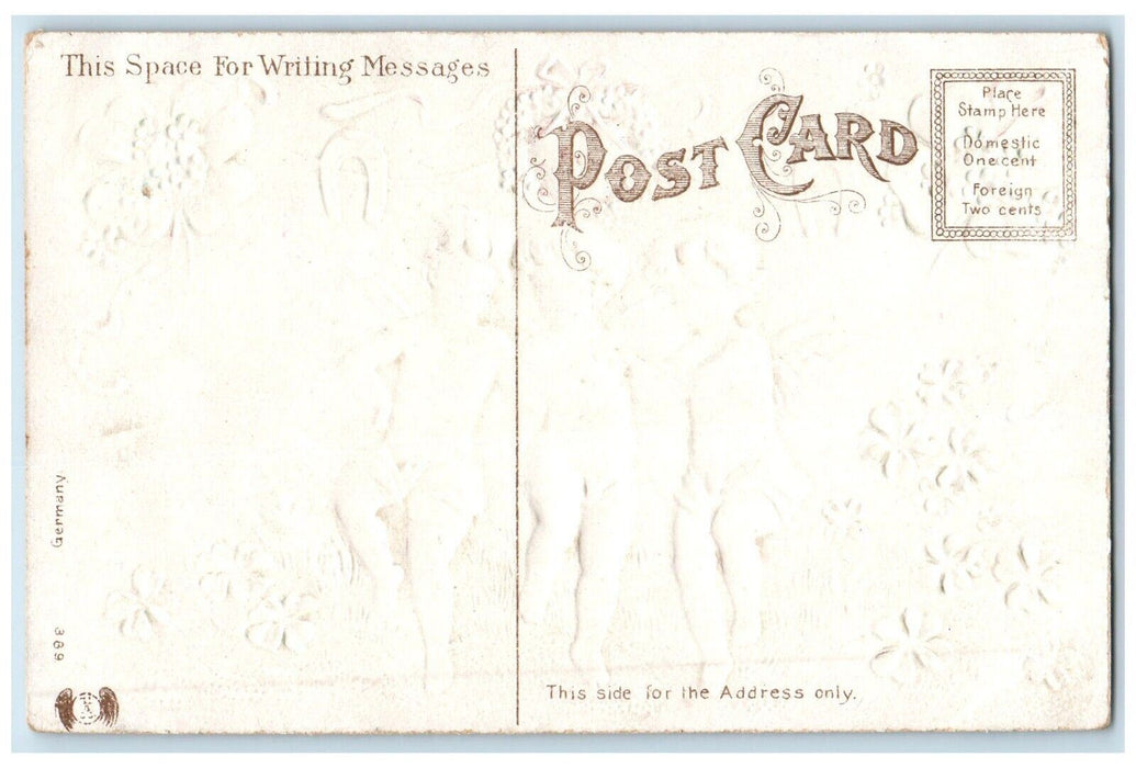 c1910's Valentine Cupid Angel Heart Horsehoe Shamrocks Embossed Antique Postcard