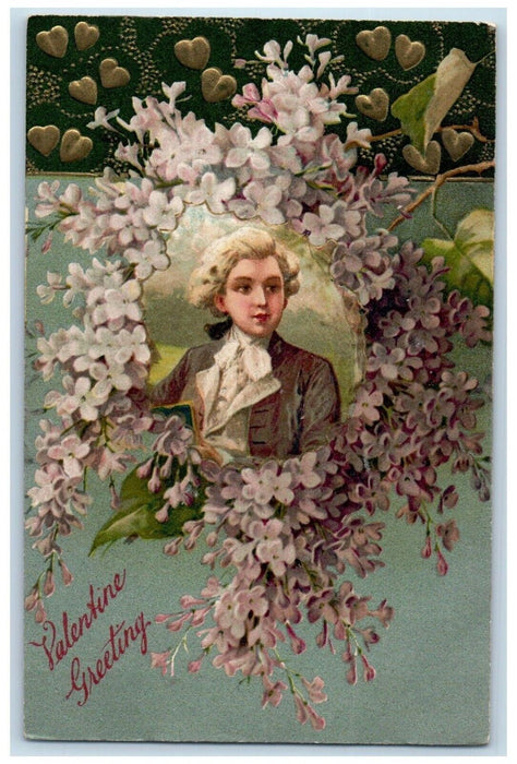 1909 Valentine Greeting Victorian Boy Pansies Flowers Heart Winsch Back Postcard