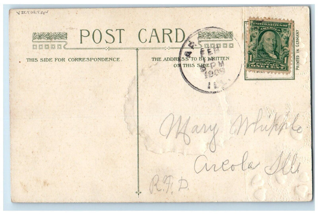 1909 Valentine Greeting Victorian Boy Pansies Flowers Heart Winsch Back Postcard