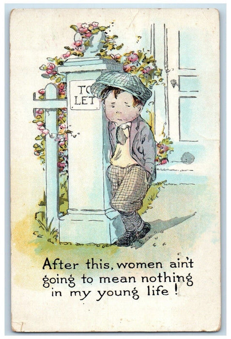 c1930's Valentine Sad Boy Visiting Tomb Flowers Unposted Vintage Postcard