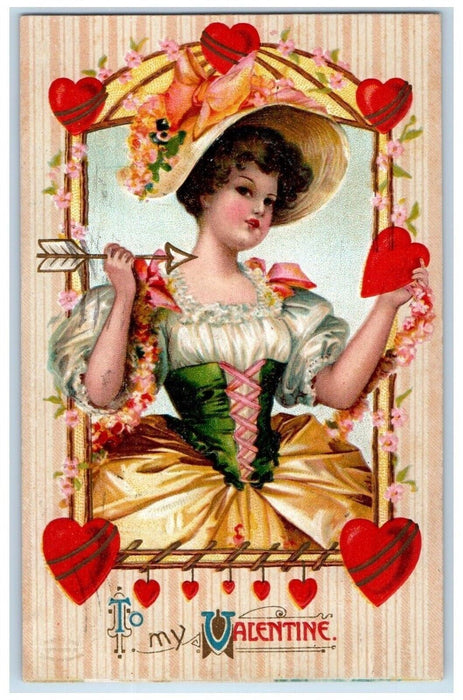 1911 Valentine Pretty Girl Big Hat Hearts Arrow Embossed Canton Ohio OH Postcard