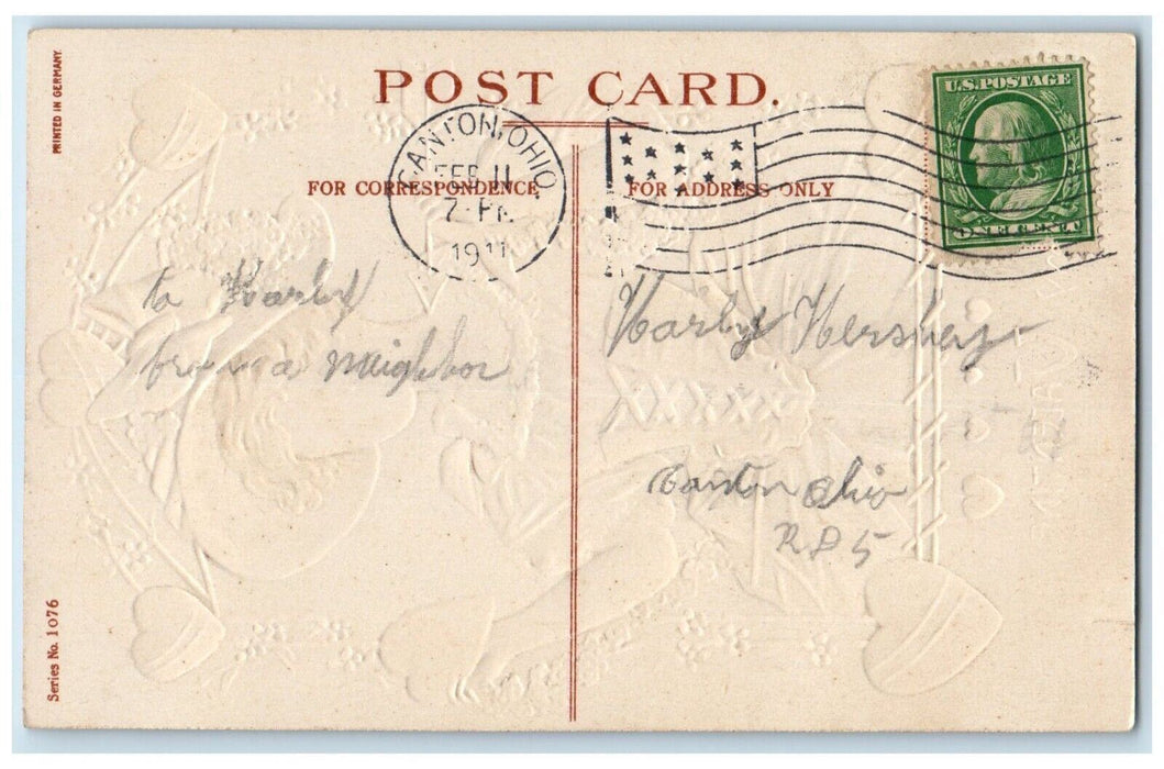 1911 Valentine Pretty Girl Big Hat Hearts Arrow Embossed Canton Ohio OH Postcard