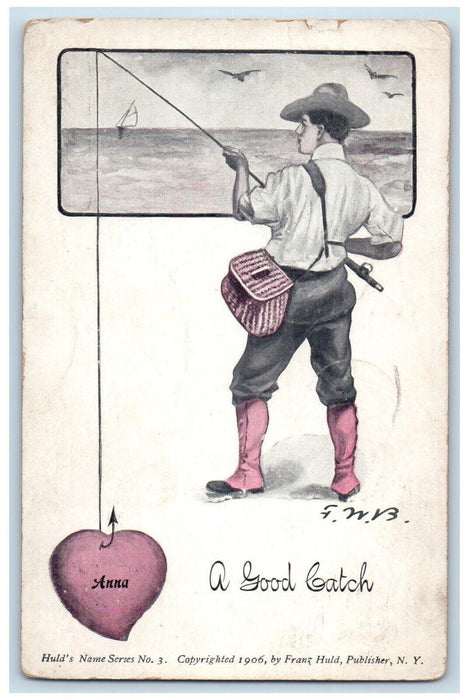 1906 Valentine Boy Fishing Rod Cached Heart Birds Trenton New Jersey NJ Postcard