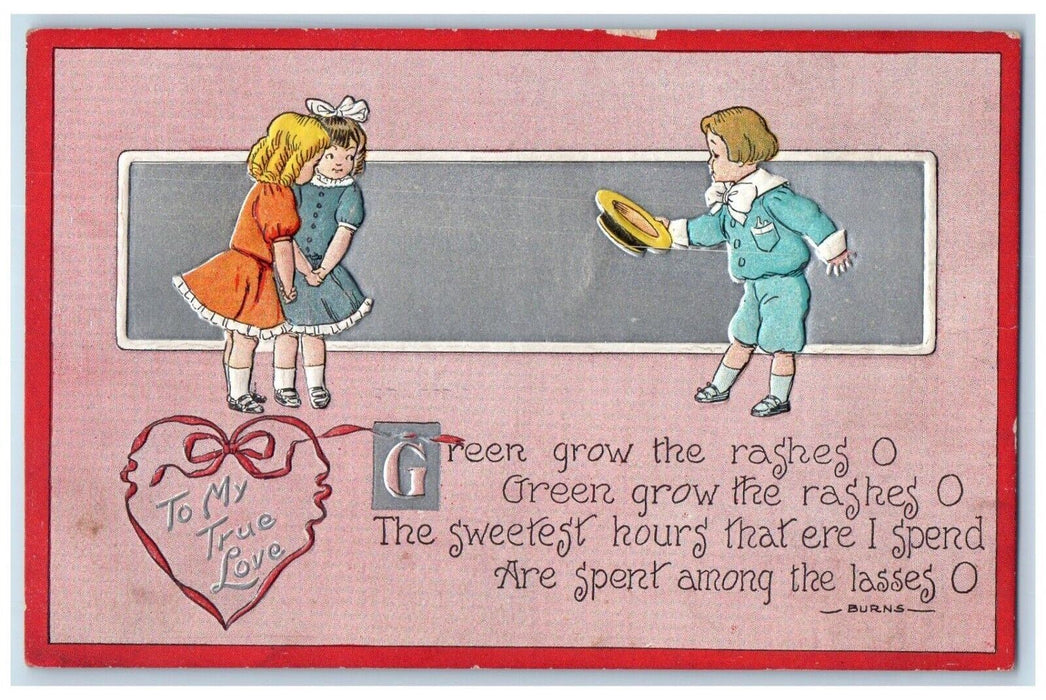 c1910's Valentine Girls And Boy Hat Heart Embossed Unposted Antique Postcard