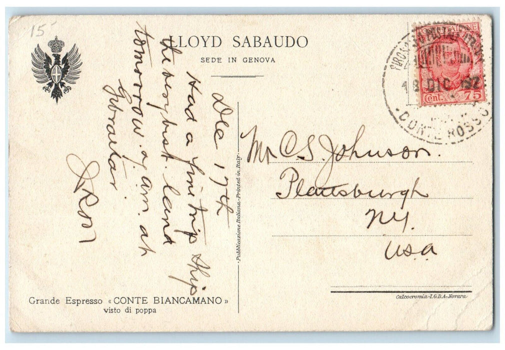 1920 Grande Espresso Conte Biancamano Lloyd Sabaudo Steamer Steamship Postcard
