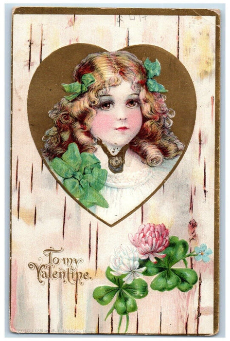 c1910's Valentine Pretty Girl Curly Hair Shamrock Flowers Embossed Postcard