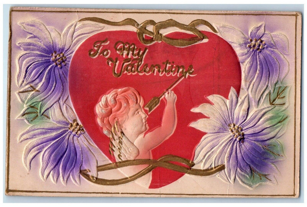 1911 Valentine Cupid Angel Heart Poinsettia Flowers Embossed Antique Postcard