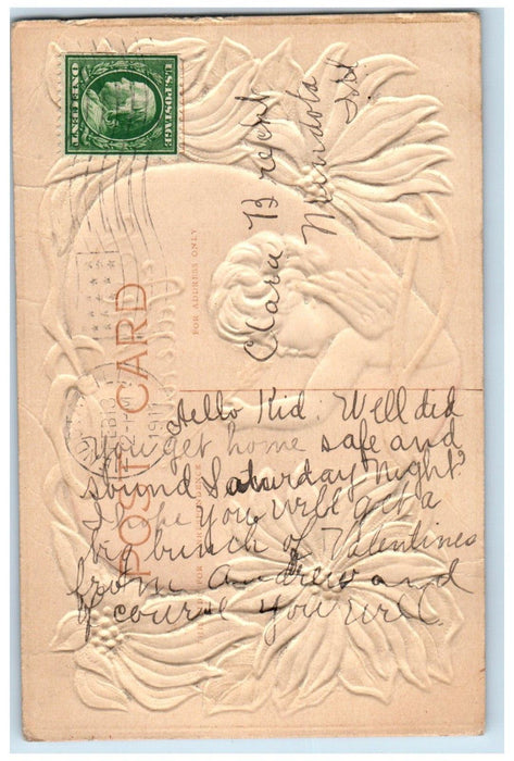1911 Valentine Cupid Angel Heart Poinsettia Flowers Embossed Antique Postcard