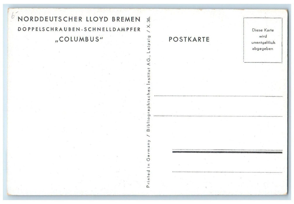 1930 Norddeutscher Lloyd Bremen Doppelschrauben Schnelldampfer Colombus Postcard