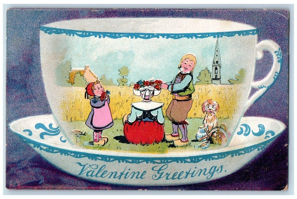 c1905 Valentine Greetings Mug Plate Dutch Family Picnic Dog Flowers Postcard