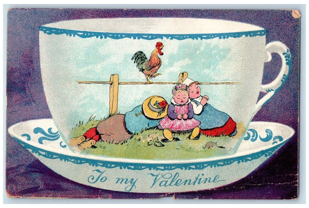 c1905 Valentine Mug Plate Dutch Sleeping Rooster Chicken Unposted Postcard